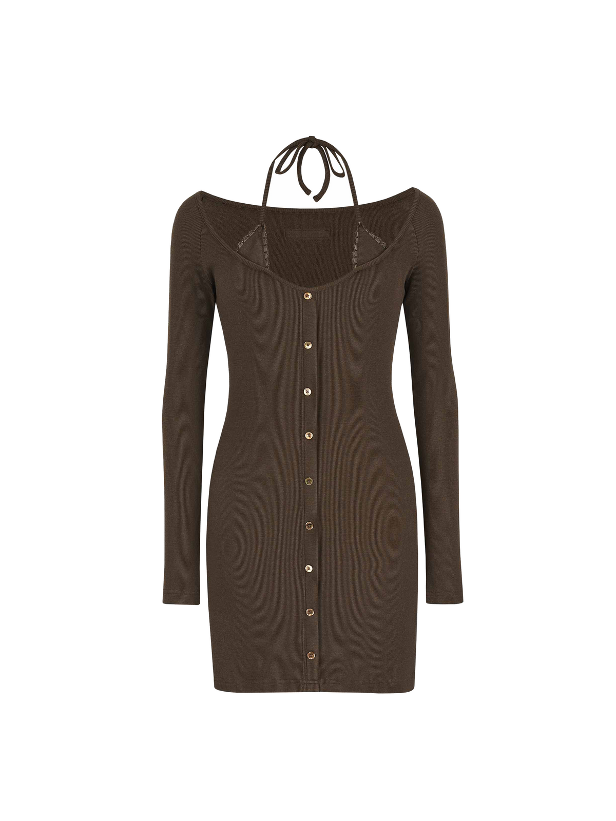 Layered Halter Knit Mini Dress Espresso Brown