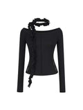 Lace Panel Off-Shoulder Top with Ruffle Scarf Black