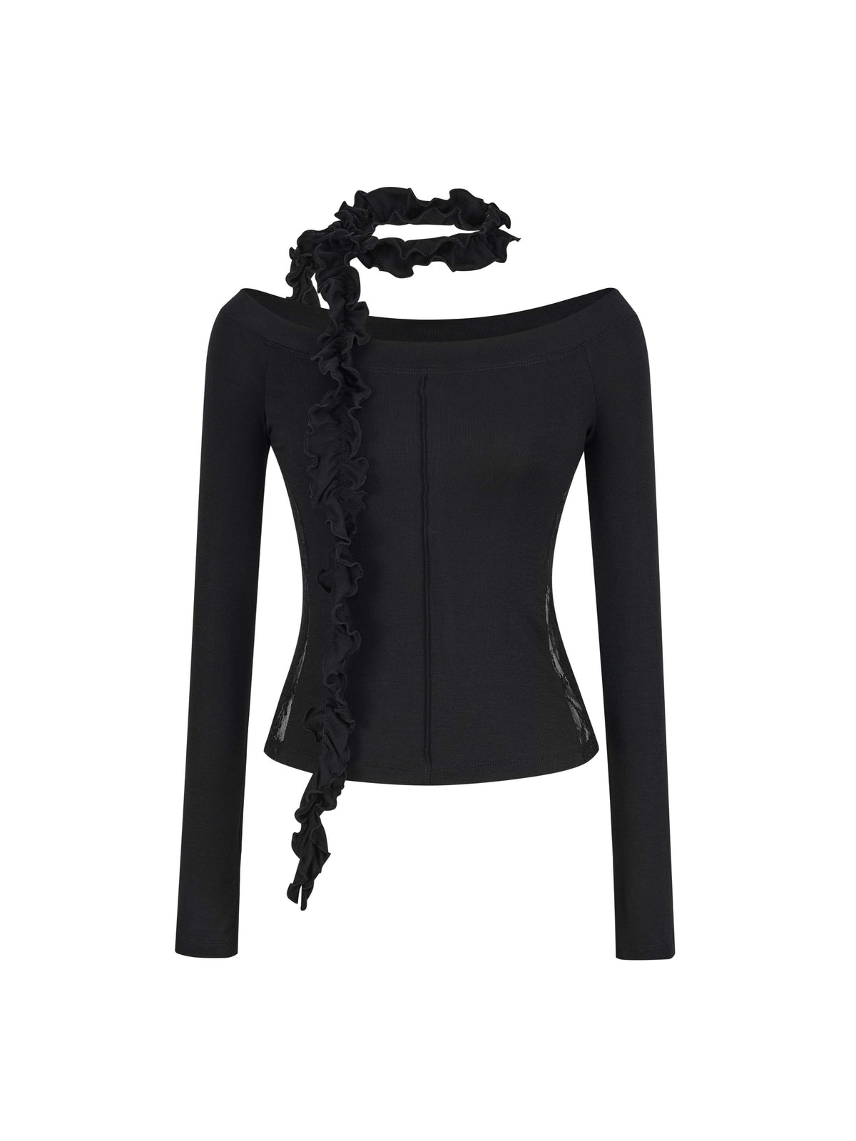 Lace Panel Off-Shoulder Top with Ruffle Scarf Black