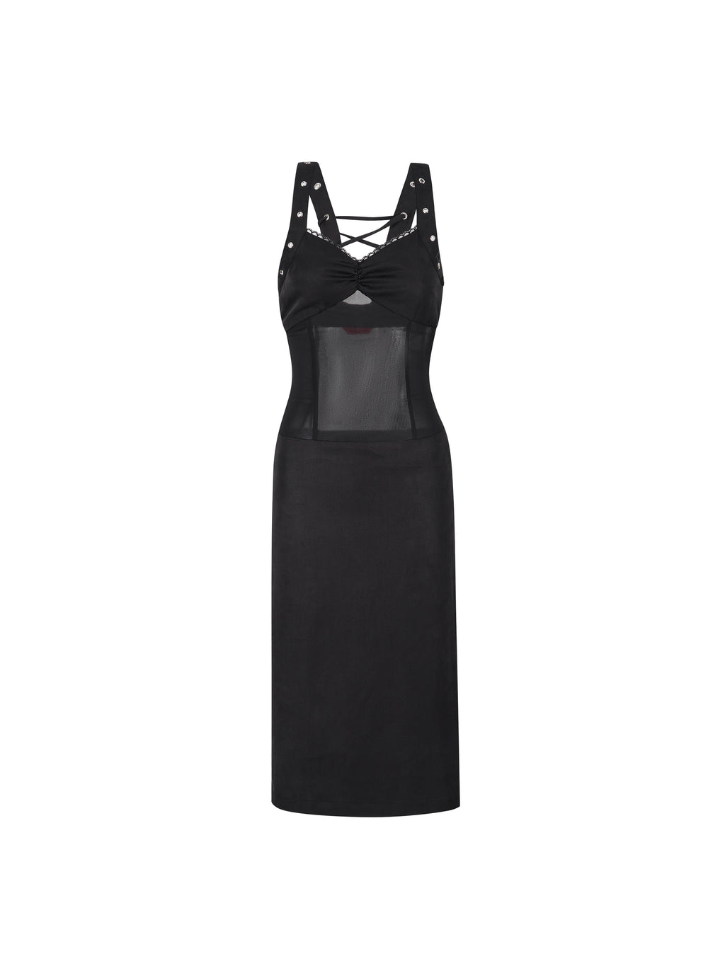 Studded Lace-Up Mesh Midi Dress Black