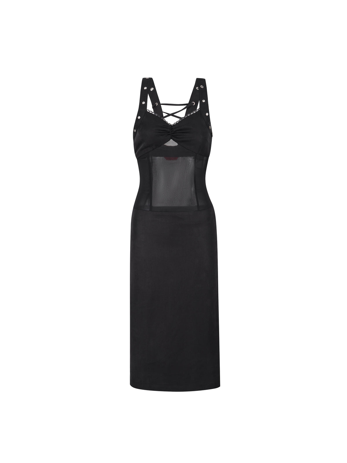 Studded Lace-Up Mesh Midi Dress Black