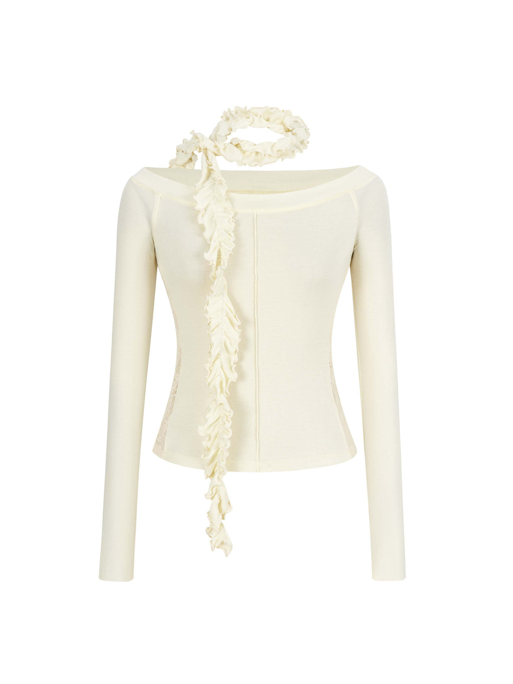 Lace Panel Off-Shoulder Top with Ruffle Scarf Ivory