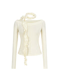 Lace Panel Off-Shoulder Top with Ruffle Scarf Ivory