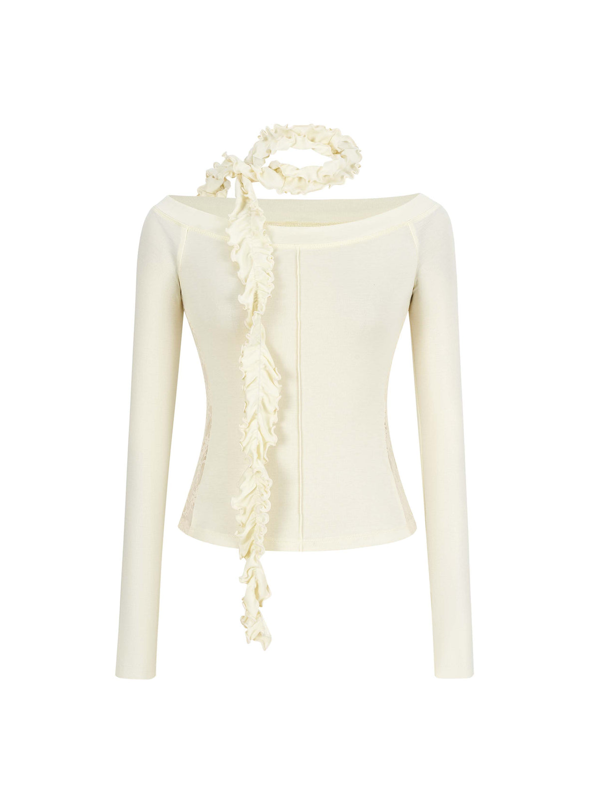 Lace Panel Off-Shoulder Top with Ruffle Scarf Ivory