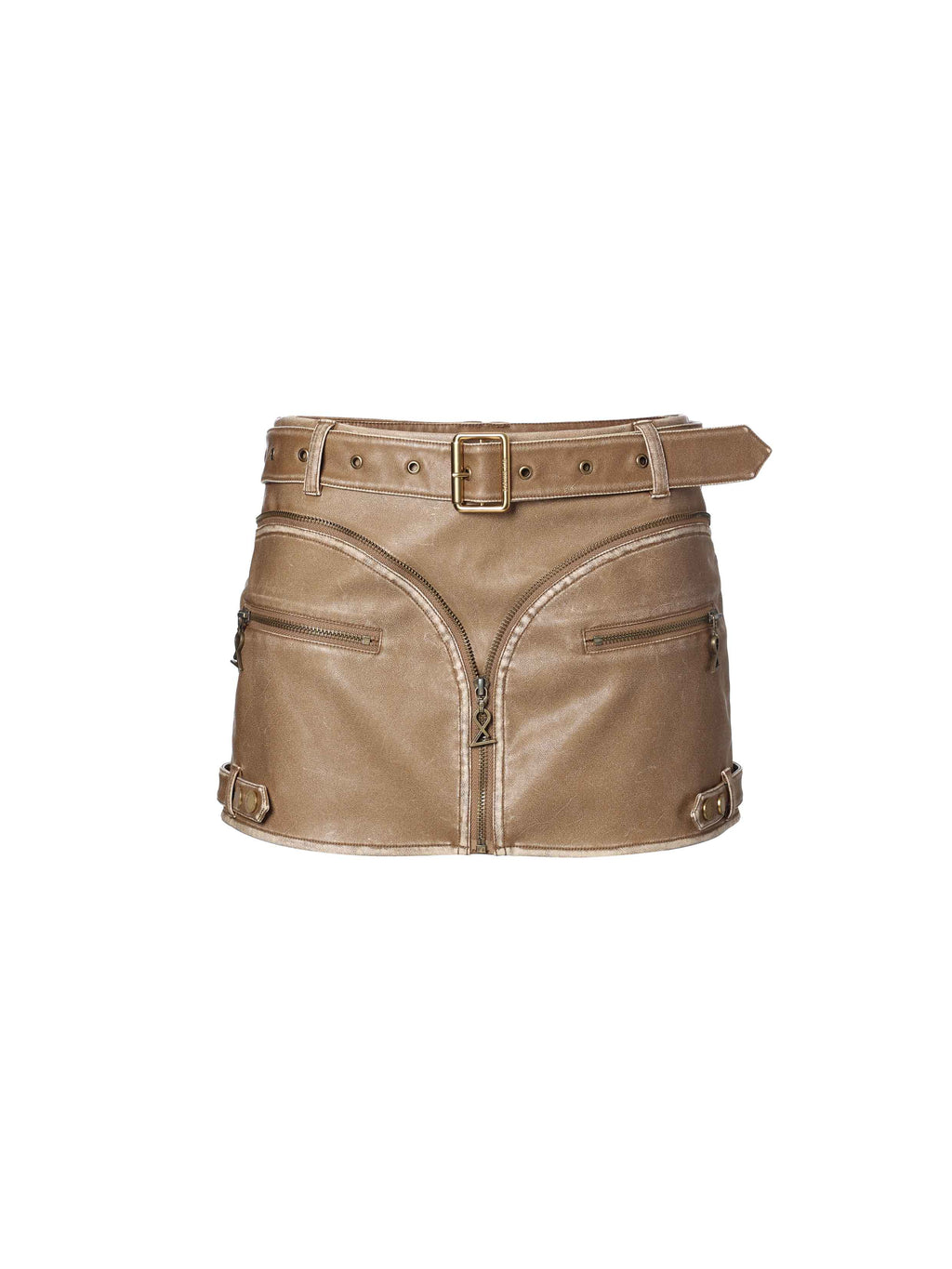 Distressed Biker Buckle Mini Skirt Khaki