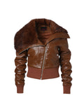 Fur-Collar PU Biker Jacket