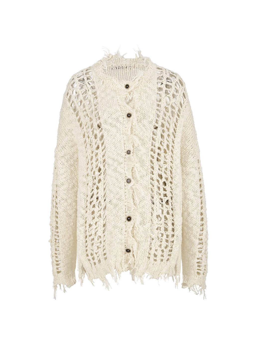 Distressed Open-Knit Oversized Cardigan Ivory White