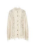 Distressed Open-Knit Oversized Cardigan Ivory White