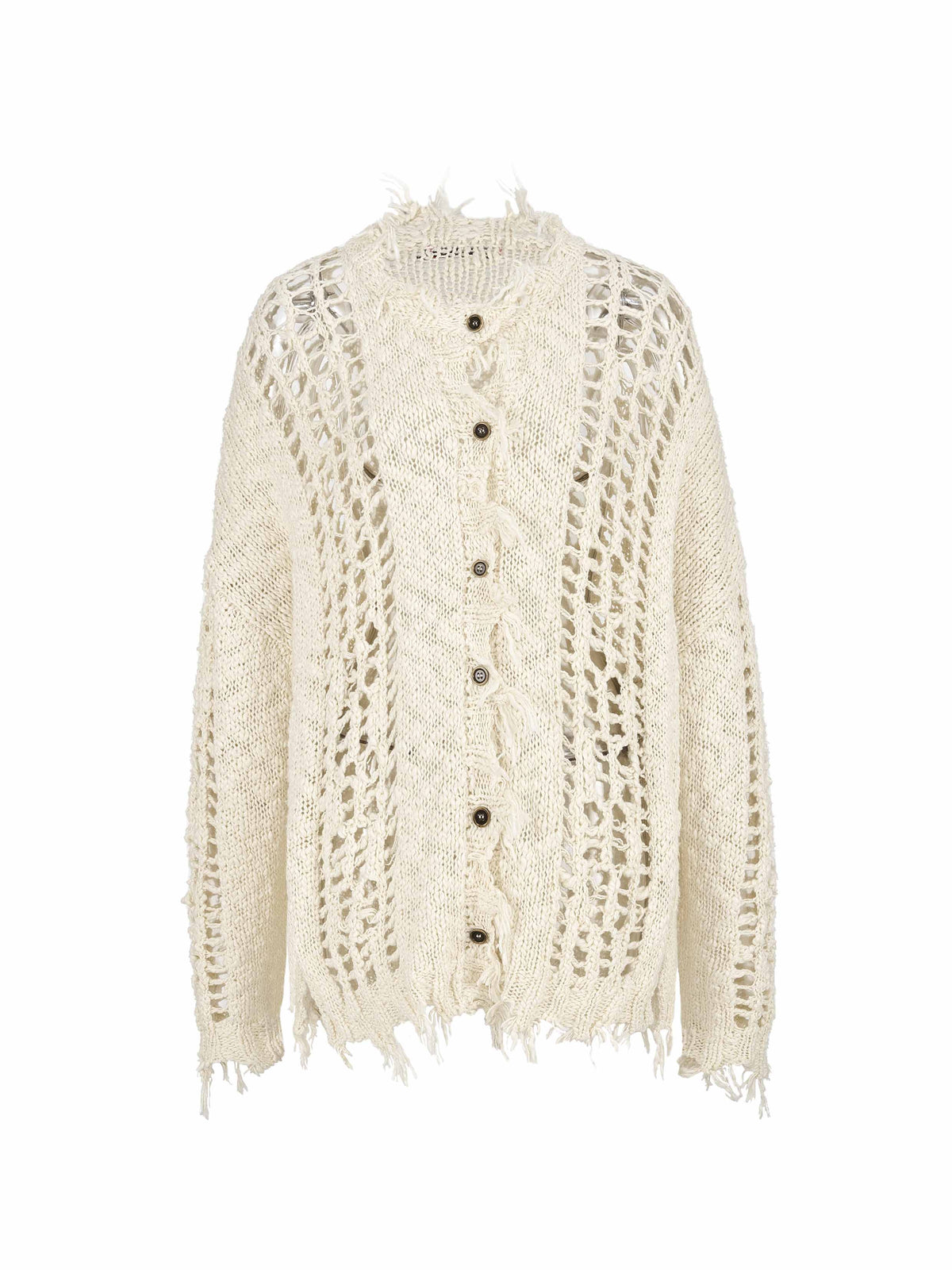 Distressed Open-Knit Oversized Cardigan Ivory White