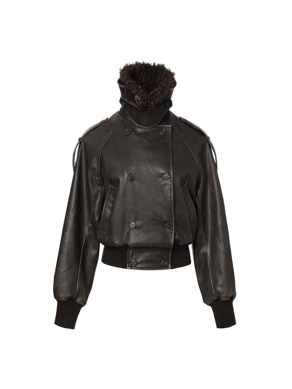 Detachable Fur-Collar Washed Moto Jacket Distressed Black