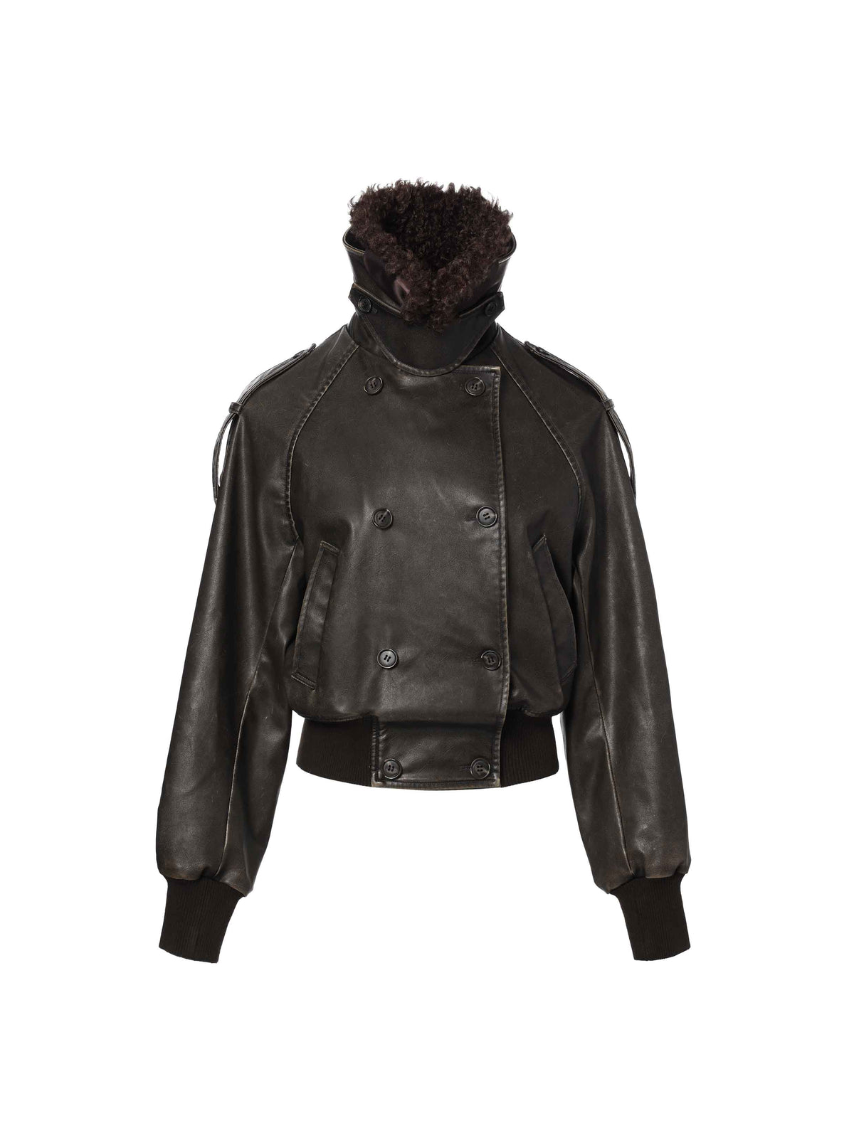 Detachable Fur-Collar Washed Moto Jacket Distressed Black
