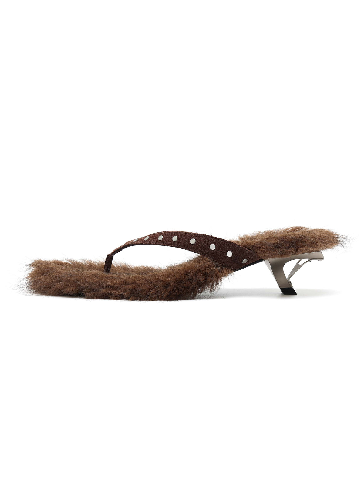 VESTA Fur Studded Opener Heel Thong Sandals Brown