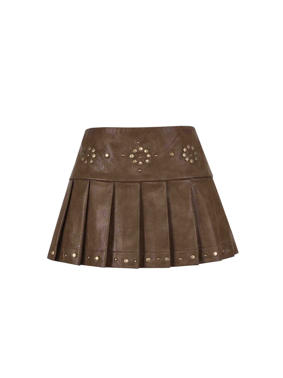Studded Low-Rise Pleated Mini Skirt Cocoa Brown