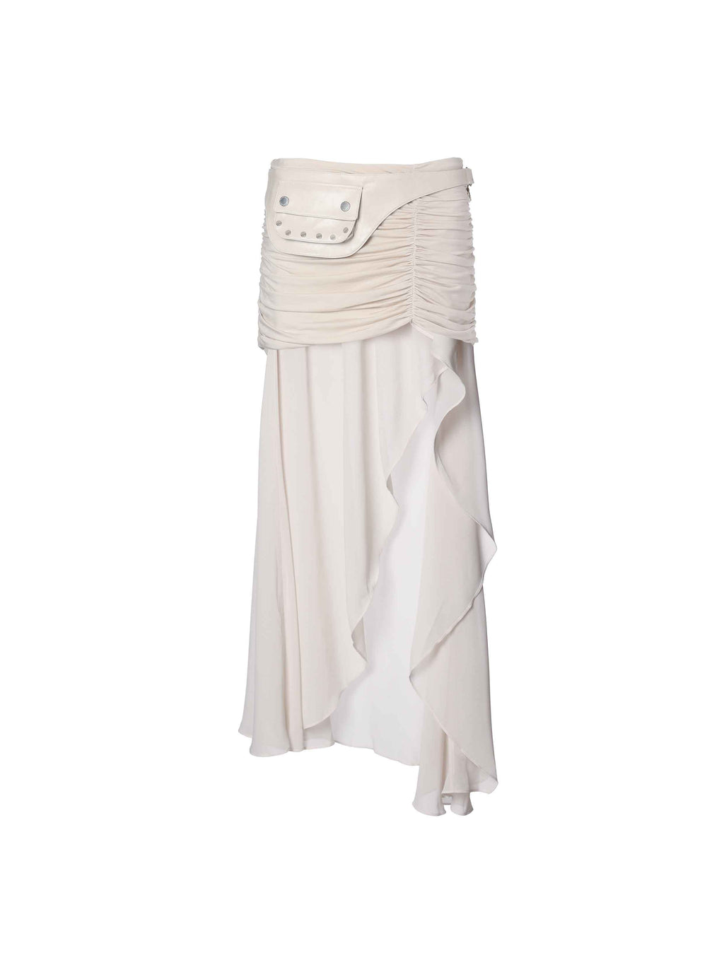 Ruched Asymmetric Chiffon Maxi Skirt Ivory White