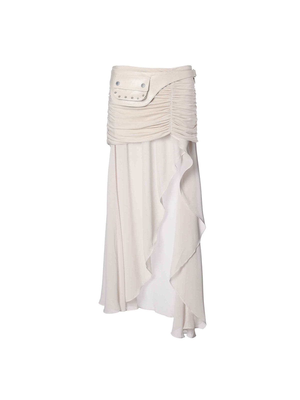Ruched Asymmetric Chiffon Maxi Skirt Ivory White