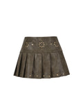 Studded Low-Rise Pleated Mini Skirt Dark Olive