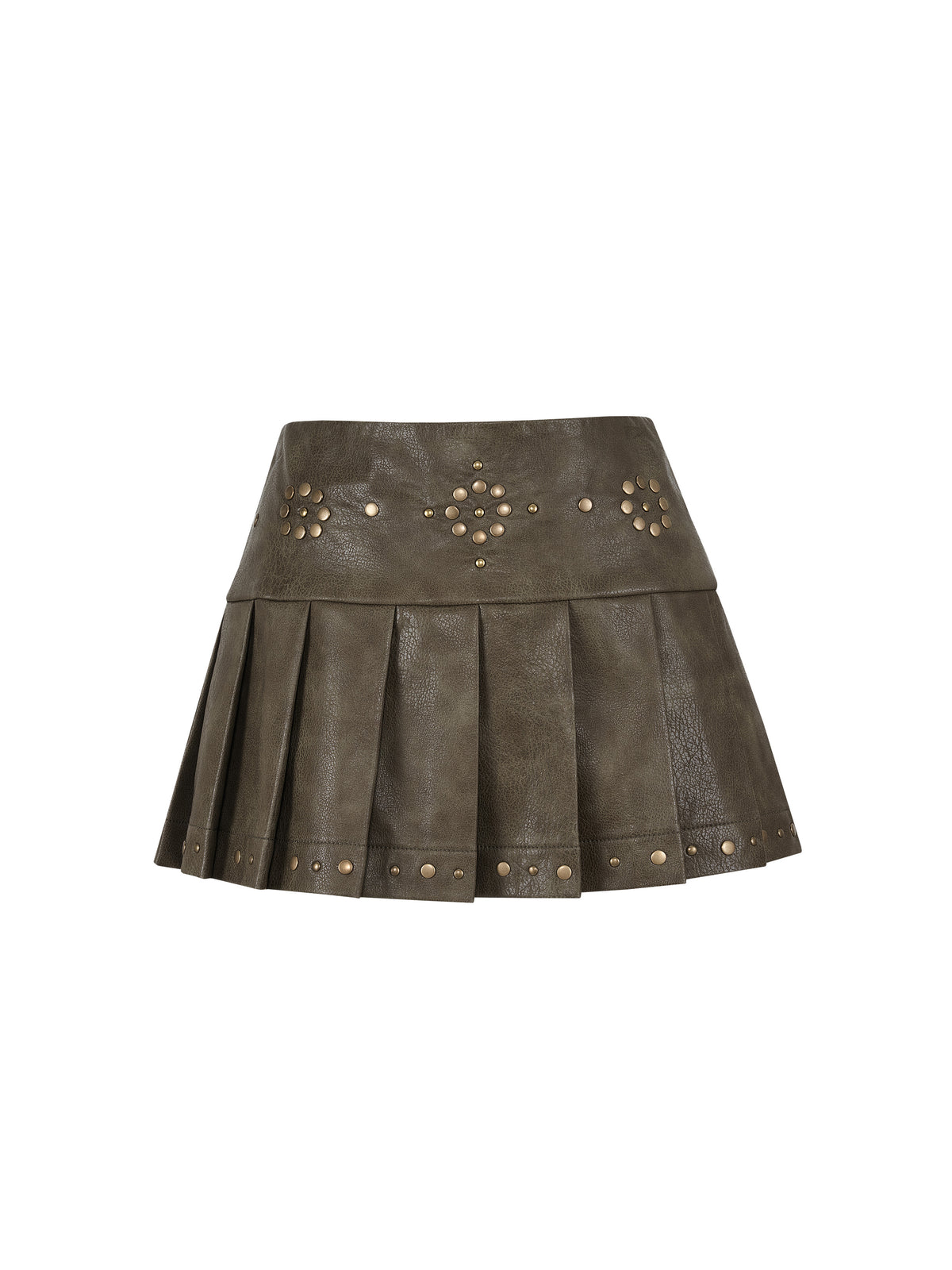Studded Low-Rise Pleated Mini Skirt Dark Olive