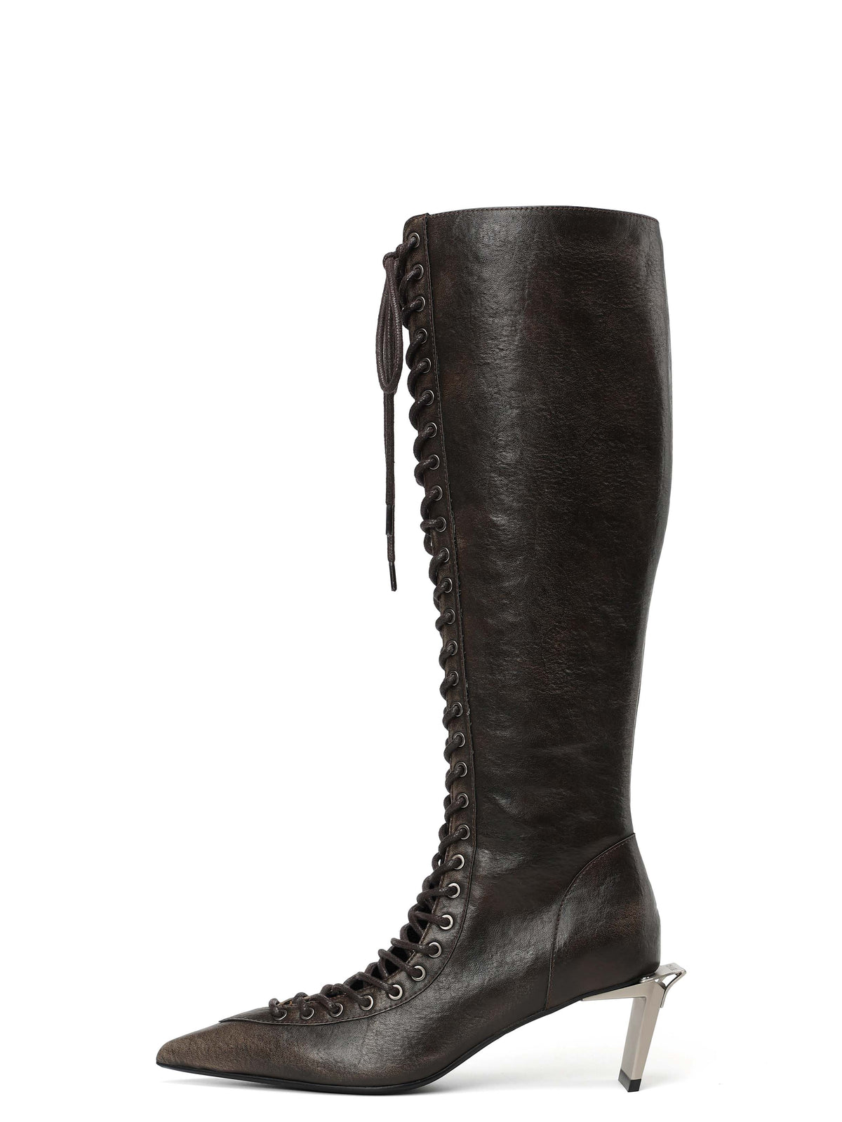 MELINOE Lace-Up Knee-High Boots Distressed Black