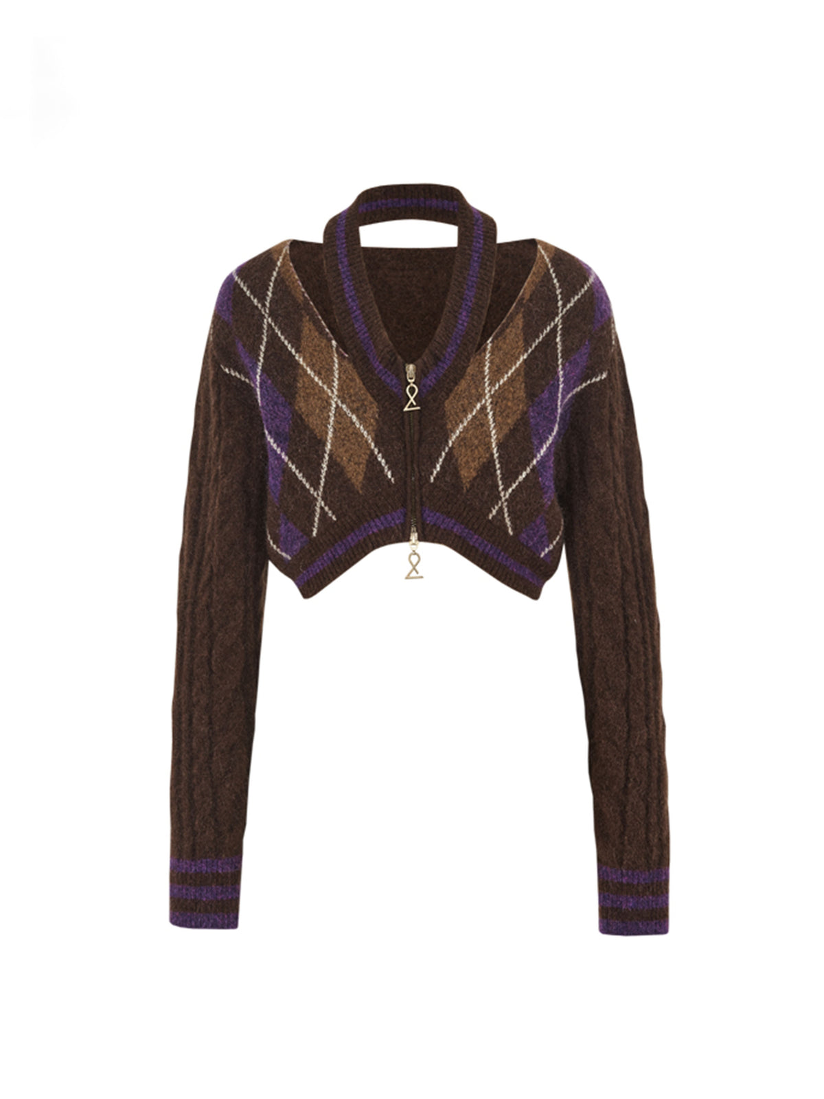 Argyle Halter Zip-Up Cropped Cardigan
