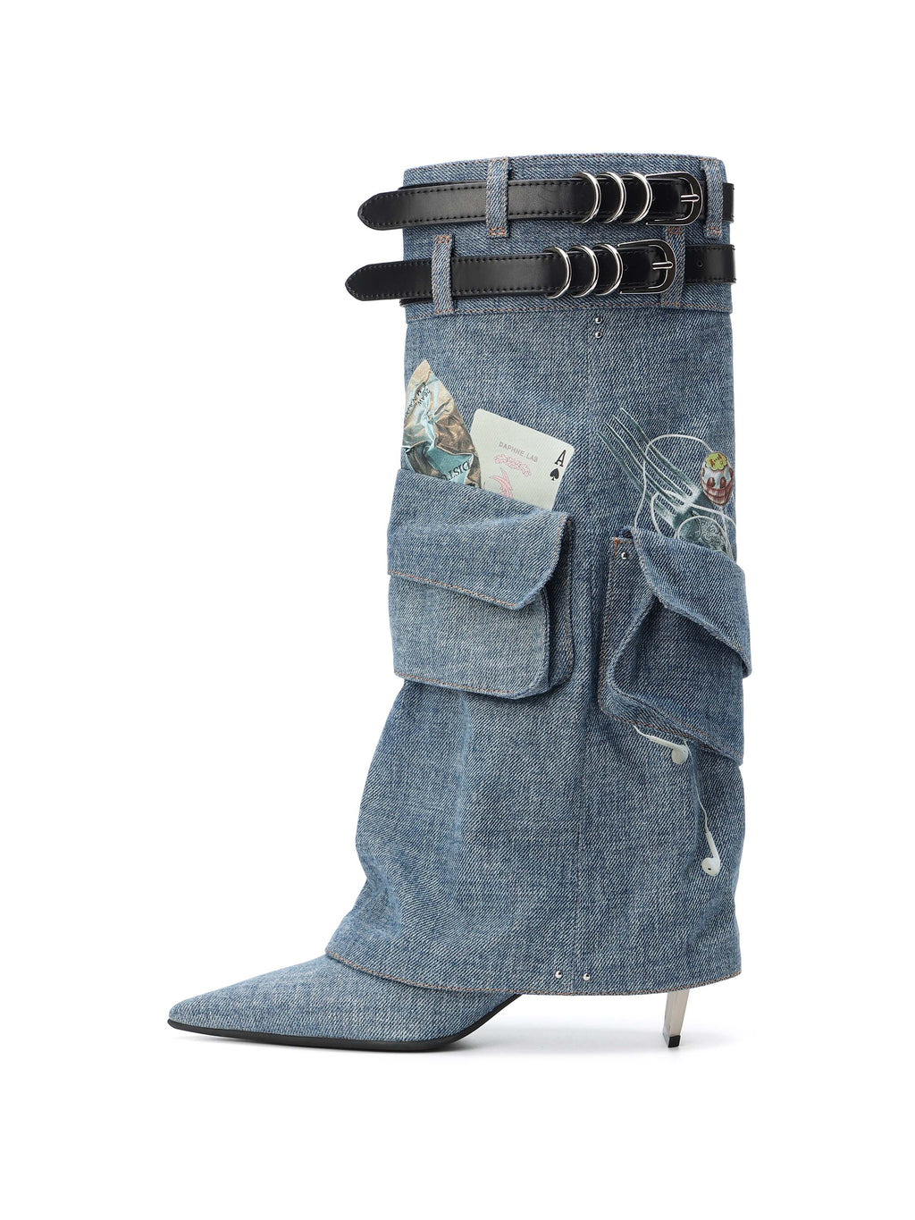 ADRASTEIA Graphic Denim Cargo Knee-High Boots Blue