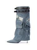 ADRASTEIA Graphic Denim Cargo Knee-High Boots Blue