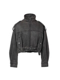 Washed Belted Cropped Moto Jacket Gray