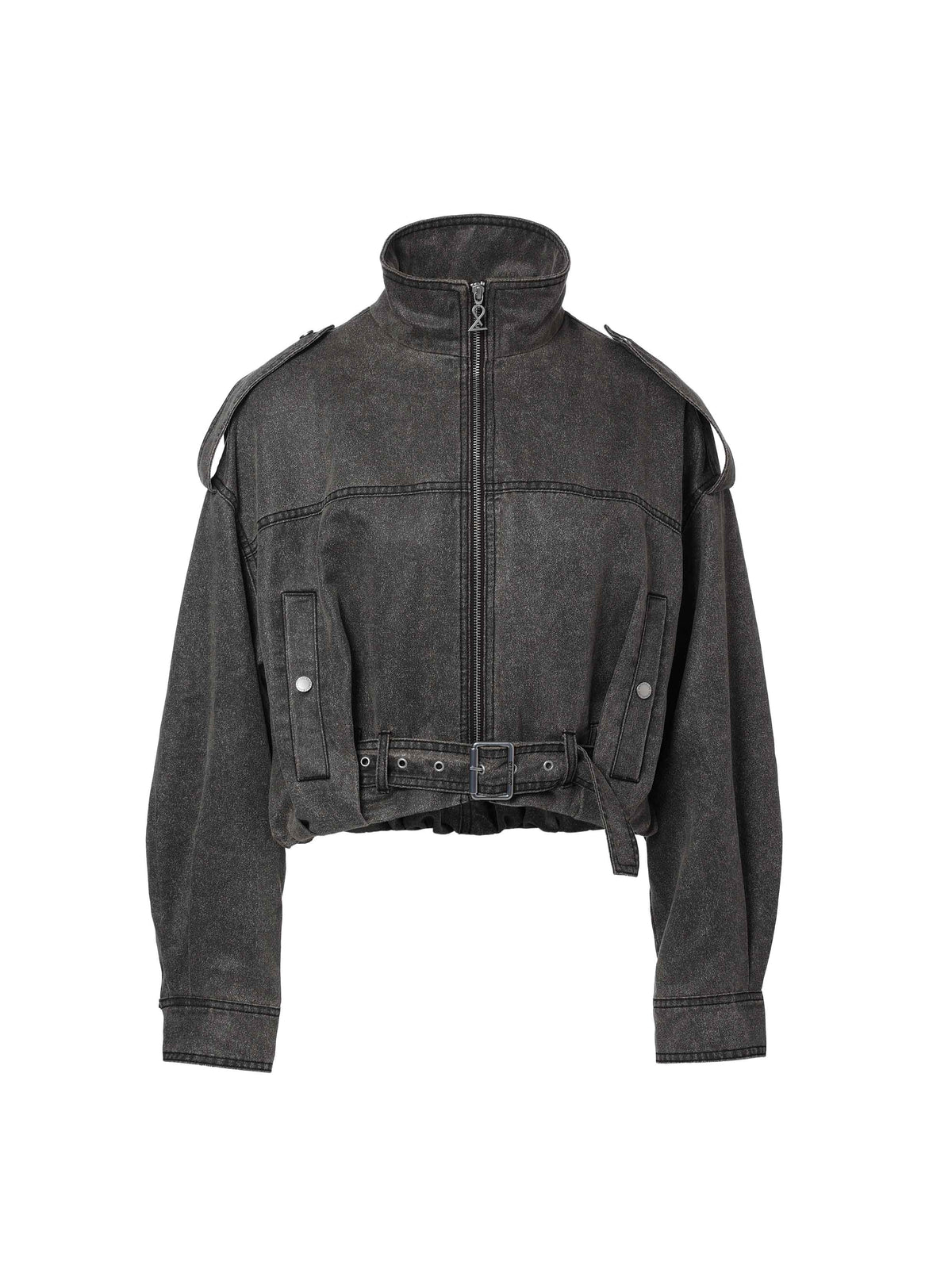 Washed Belted Cropped Moto Jacket Gray