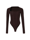 Contrast Seam Square-Neck Bodysuit Purple Brown