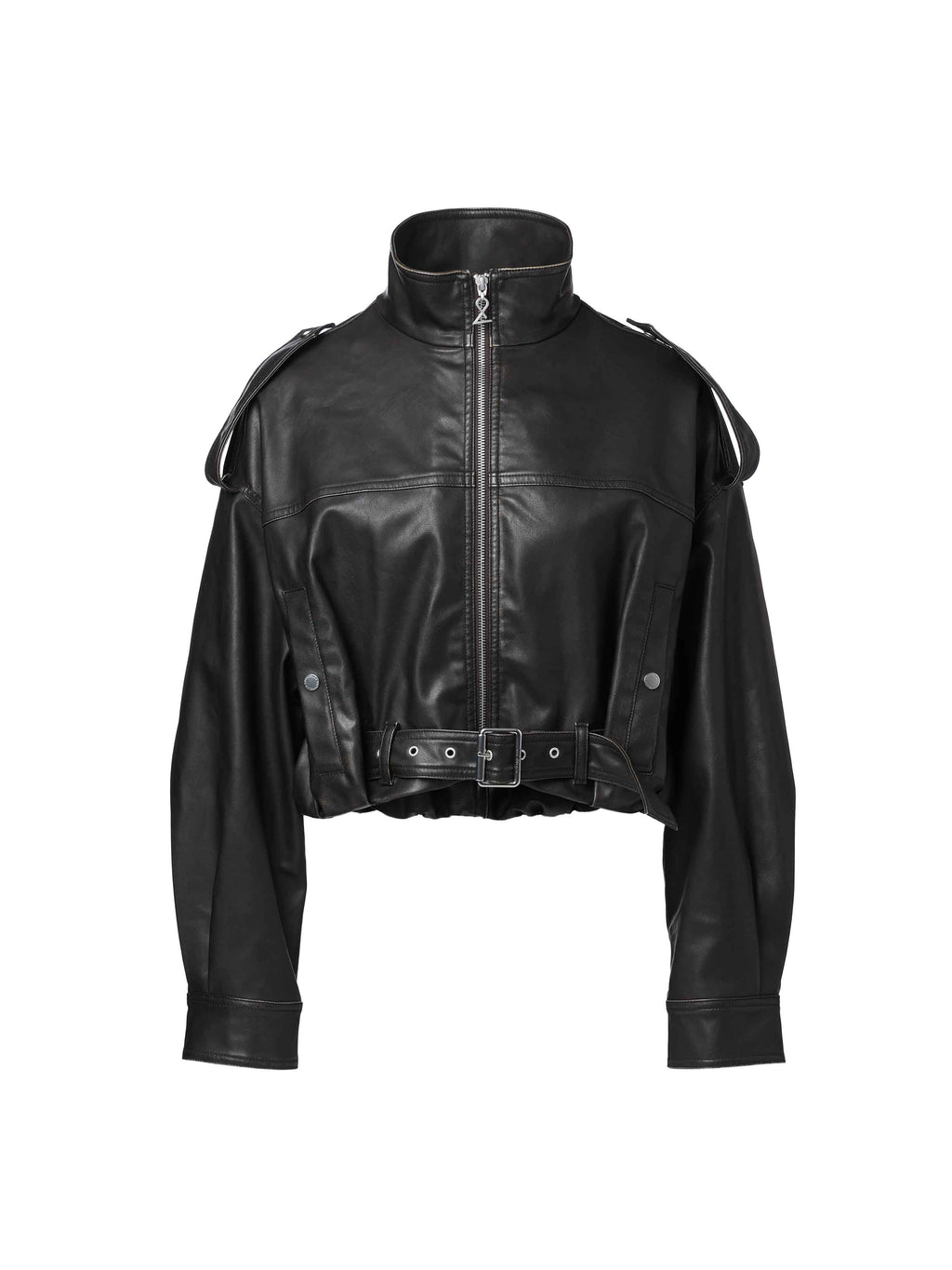 Washed Belted Cropped Moto Jacket Black