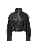 Washed Belted Cropped Moto Jacket Black
