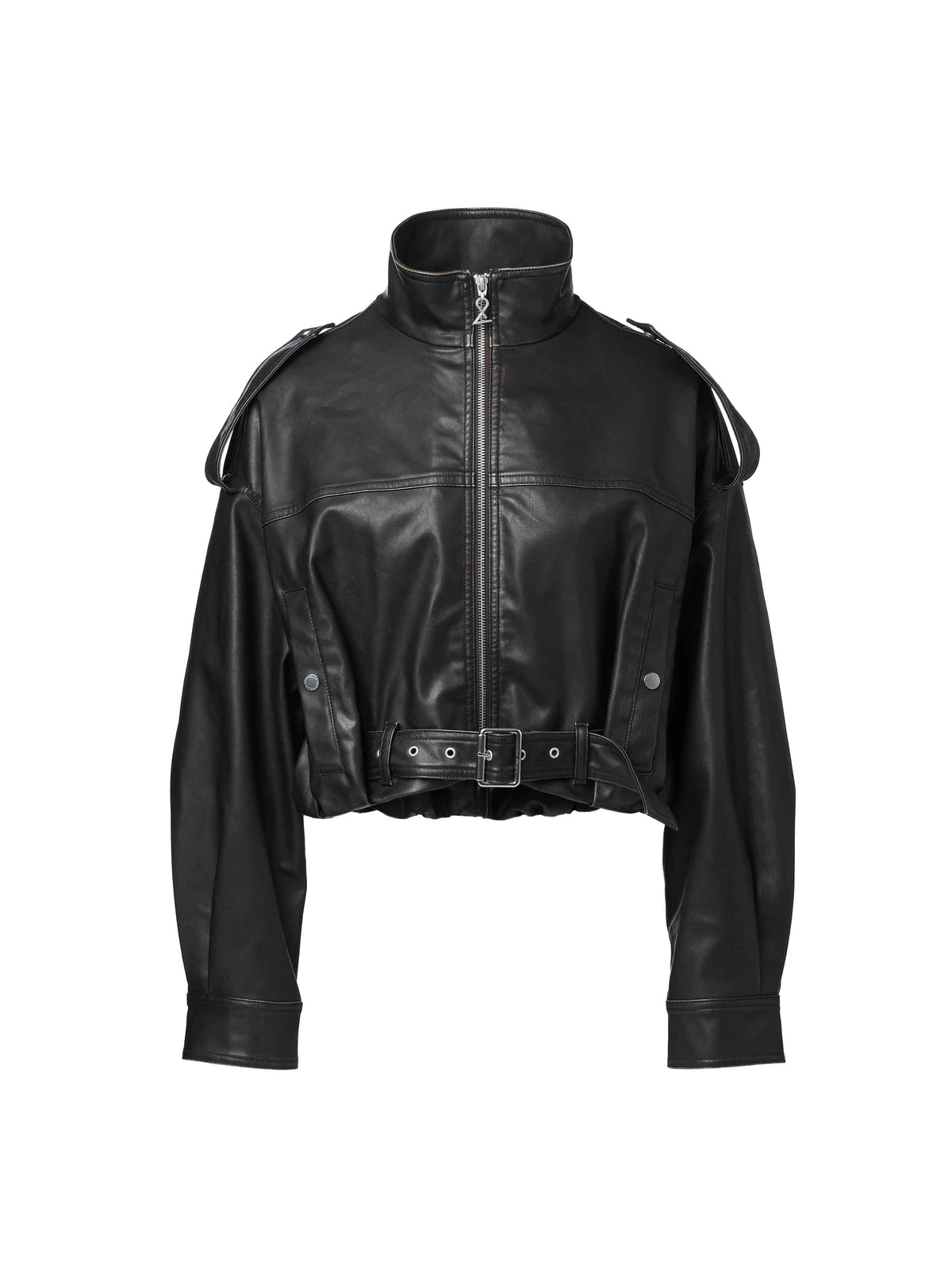 Washed Belted Cropped Moto Jacket Black