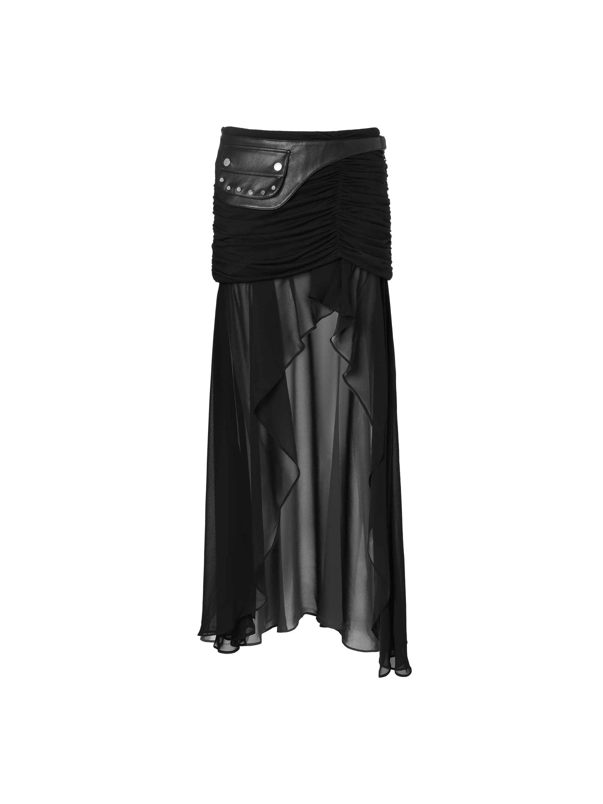 Ruched Asymmetric Chiffon Maxi Skirt Black