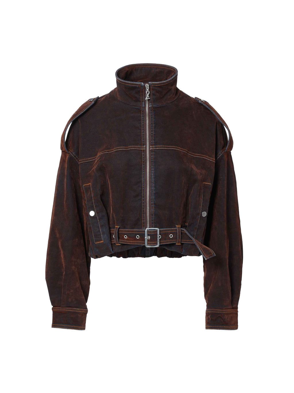 Washed Belted Cropped Moto Jacket Reddish Brown