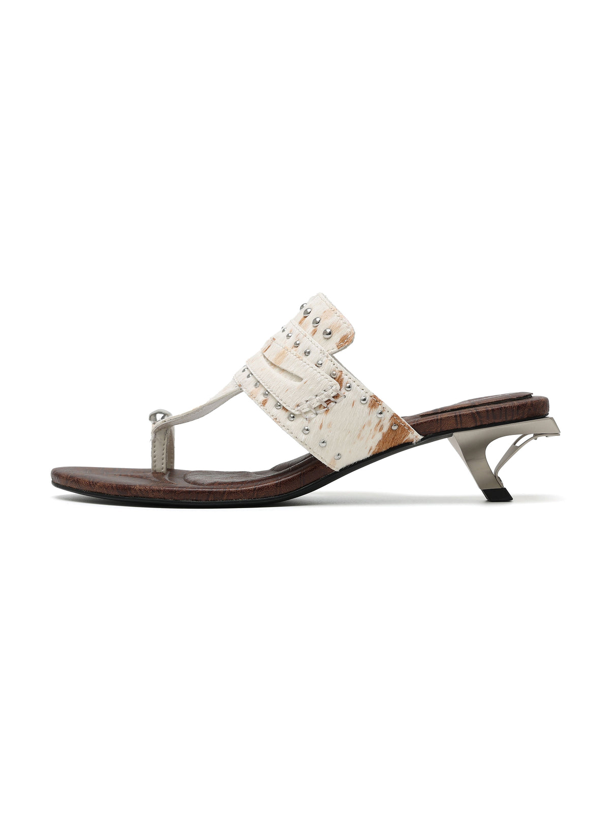 CARPO Horse Hair Studded Thong Opener Heel Sandals Brown Cow Print