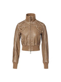 Vintage Washed Cropped Biker Jacket Light Brown