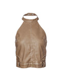 Washed Moto Halter Top Khaki Brown