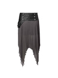 Pleated Leather-Waist Midi Skirt