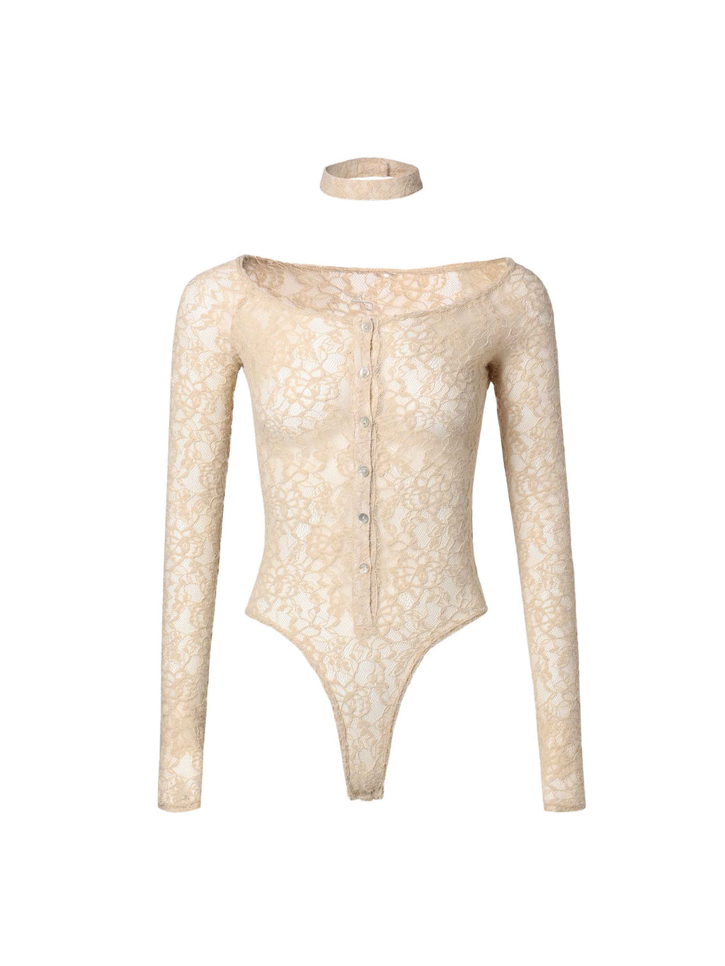 Off-Shoulder Lace Button Bodysuit Beige