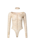 Off-Shoulder Lace Button Bodysuit Beige