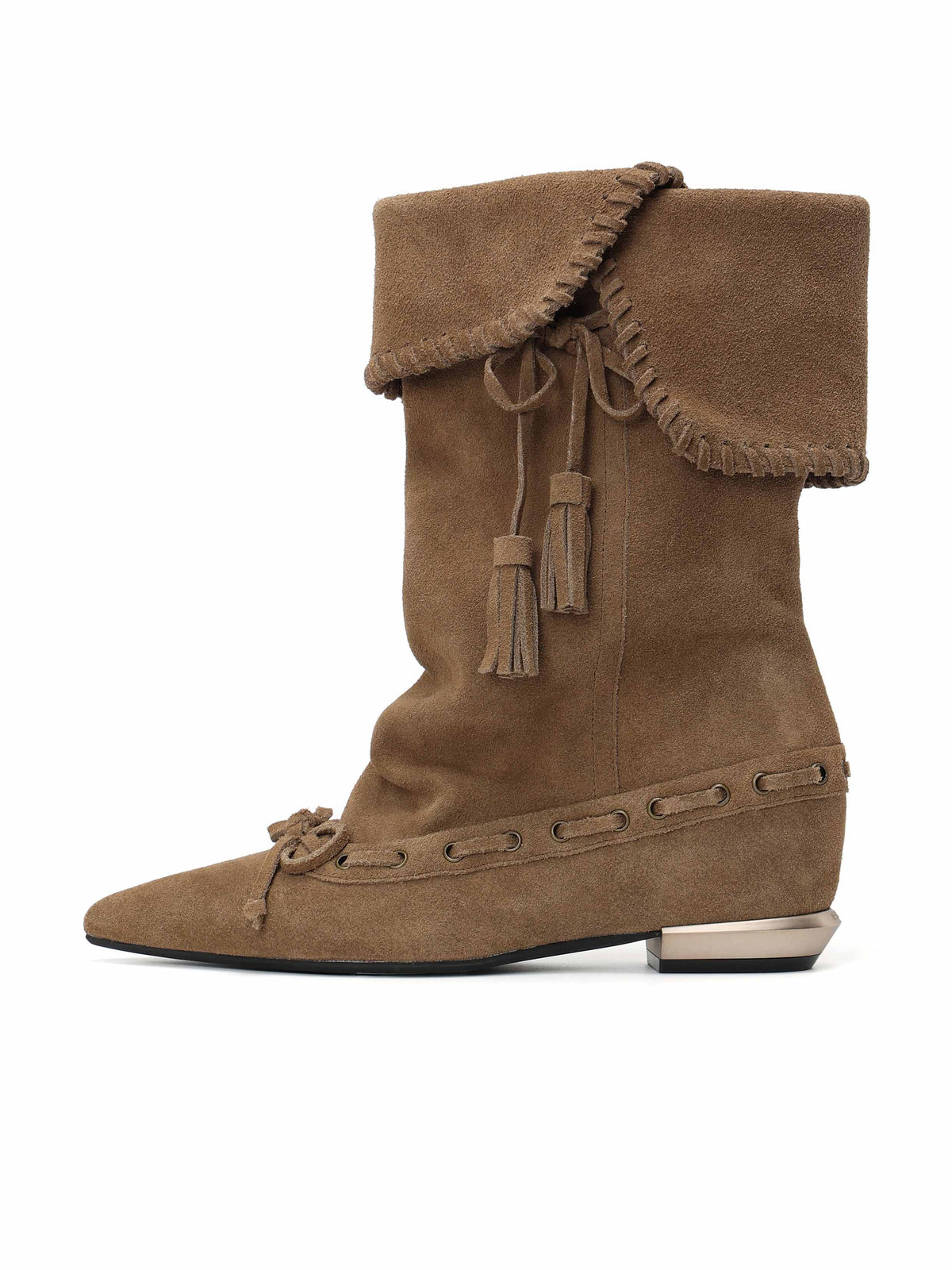 DANAE Fold-Over Tassel High Ankle Boots Khaki Brown