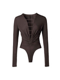 Ruched Plunge Neck Strap Bodysuit Chocolate Brown