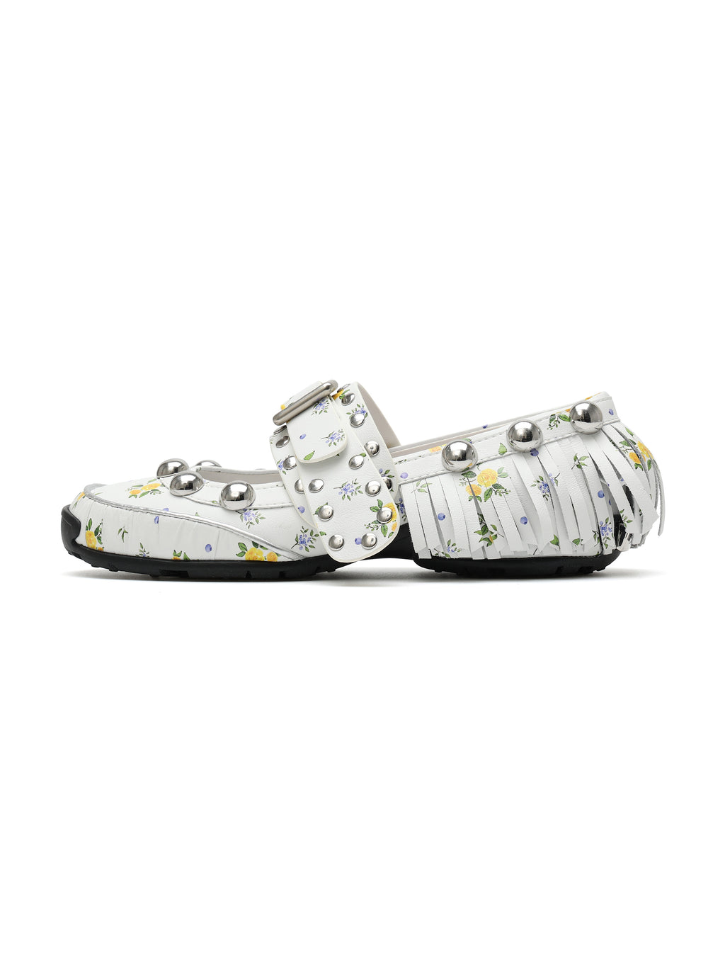 THYIA Mary Jane Ballerinas mit Nietenfransen und Blumenmuster in Weiß