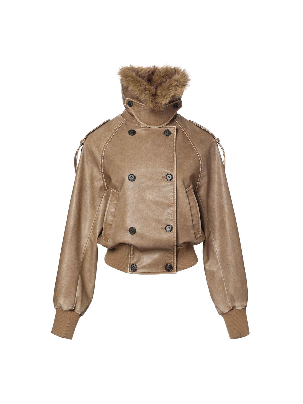 Detachable Fur-Collar Washed Moto Jacket Khaki Brown
