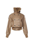 Detachable Fur-Collar Washed Moto Jacket Khaki Brown