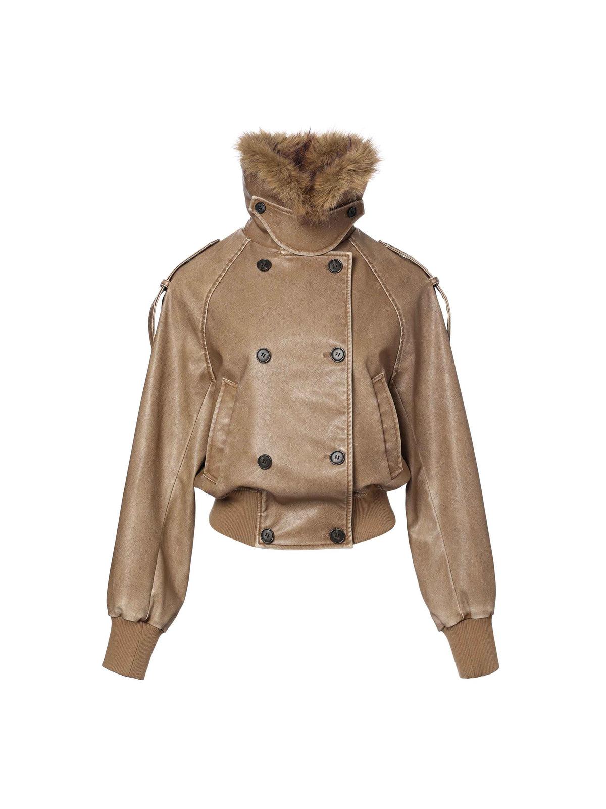 Detachable Fur-Collar Washed Moto Jacket Khaki Brown