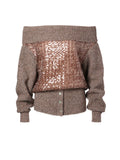 Off-Shoulder Sequin Knit Sweater Taupe Brown