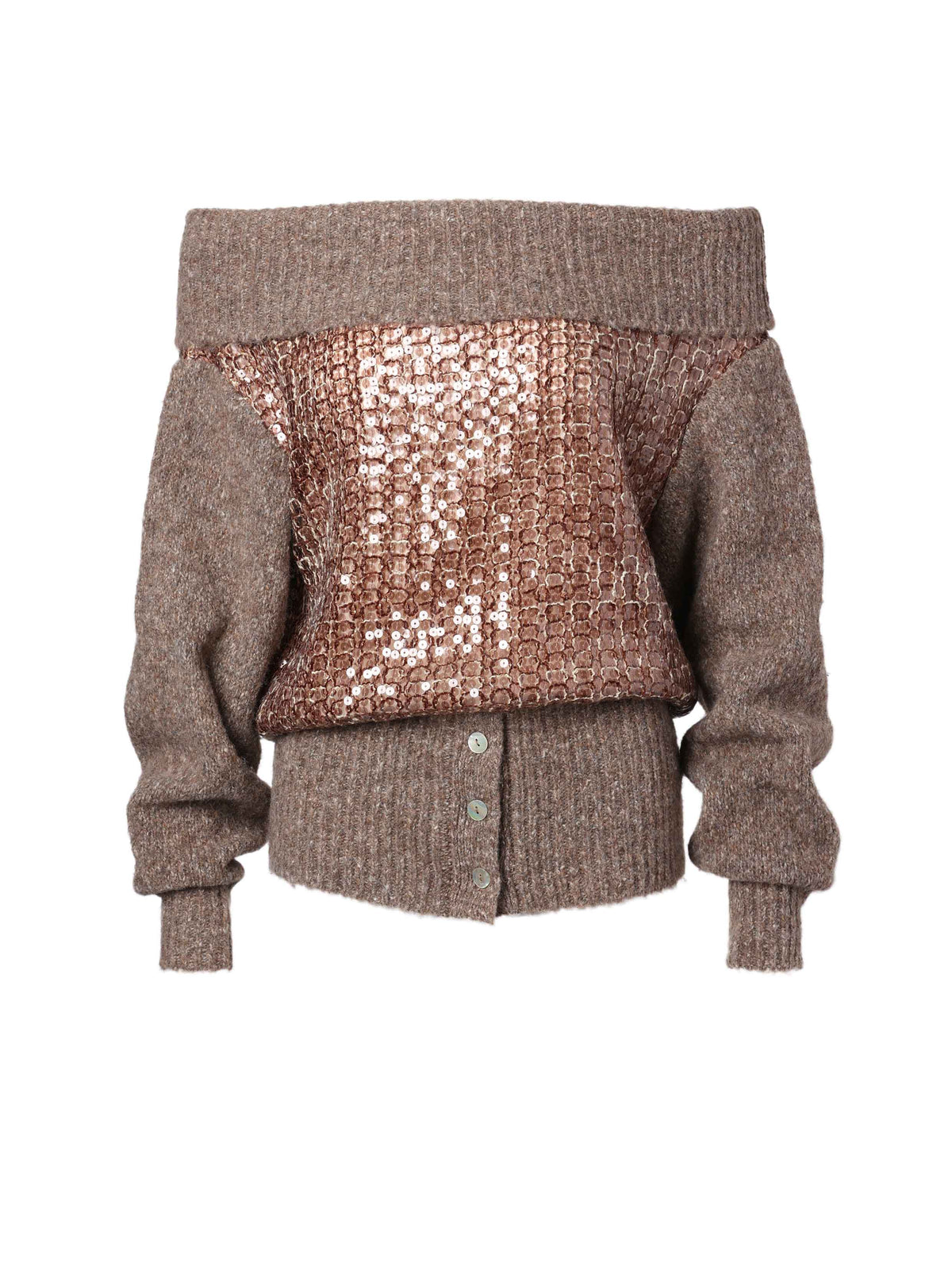 Off-Shoulder Sequin Knit Sweater Taupe Brown
