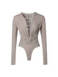 Ruched Plunge Neck Strap Bodysuit Taupe