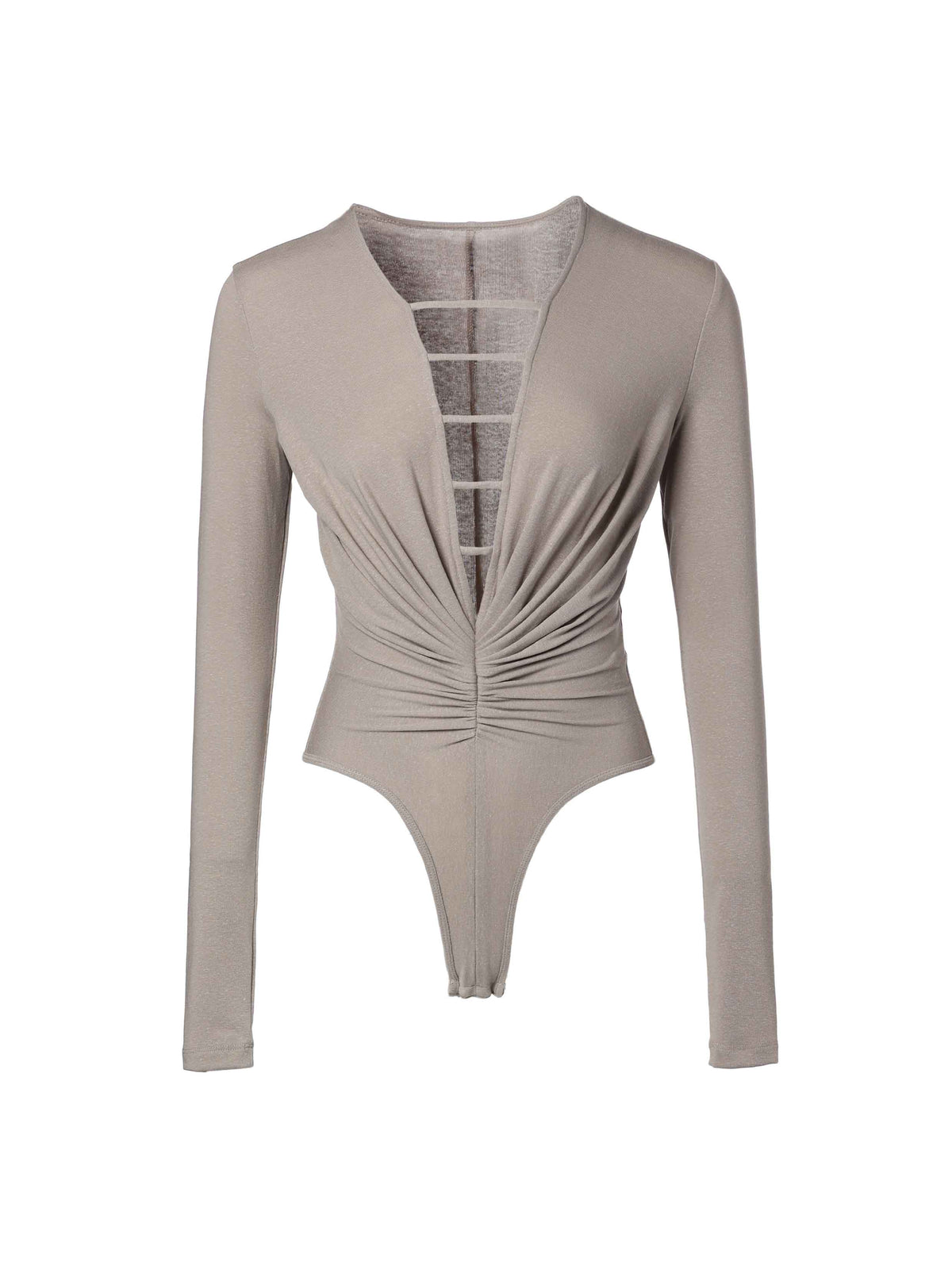 Ruched Plunge Neck Strap Bodysuit Taupe