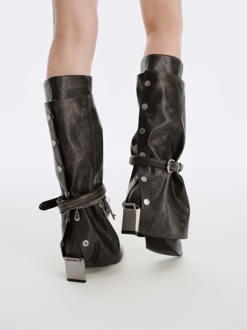 KER Detachable Gaiter Knee-High Boots Distressed Black